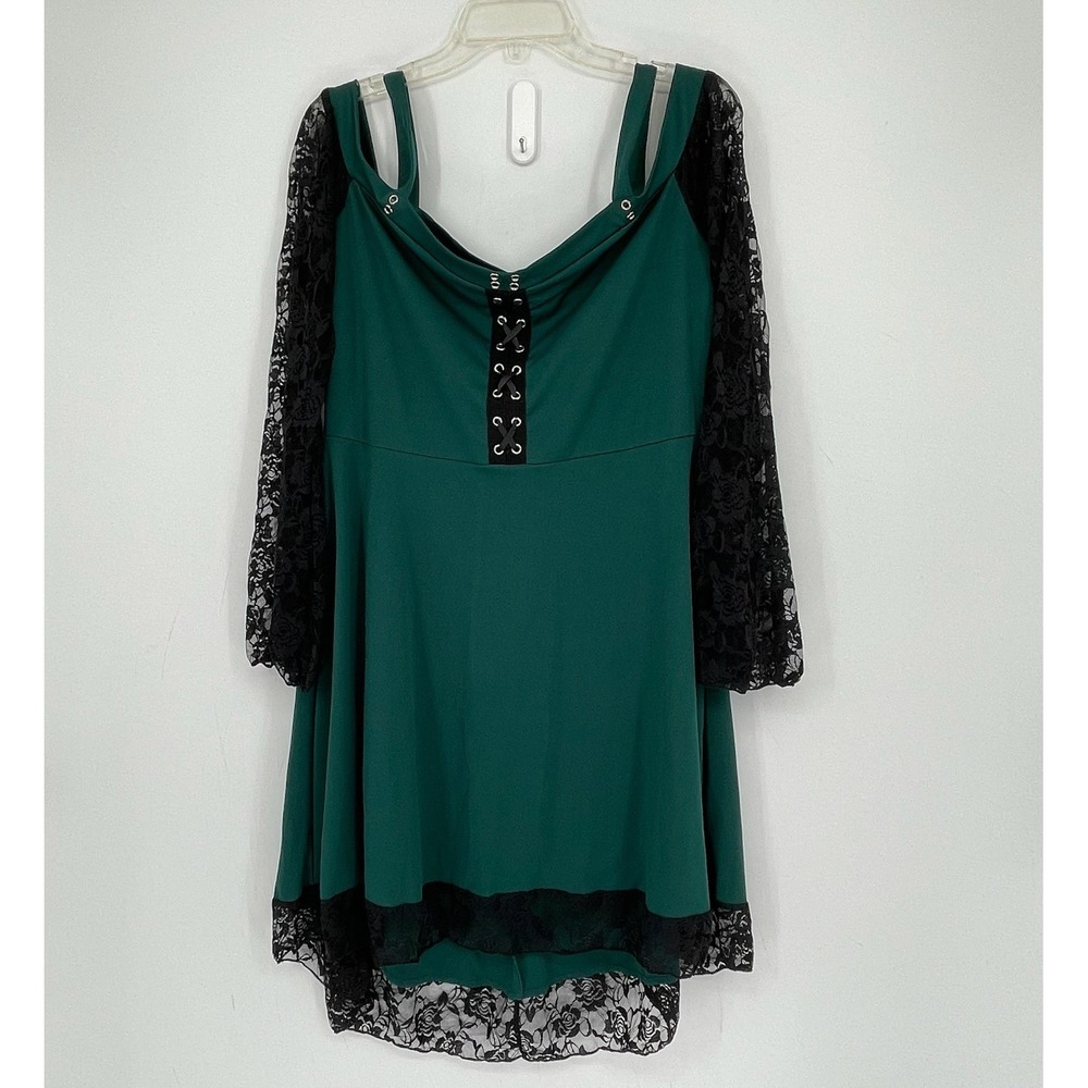 Women's Green Lace Trim Stretch Cold Shoulder Fit & Flare Goth Dress Size XXL